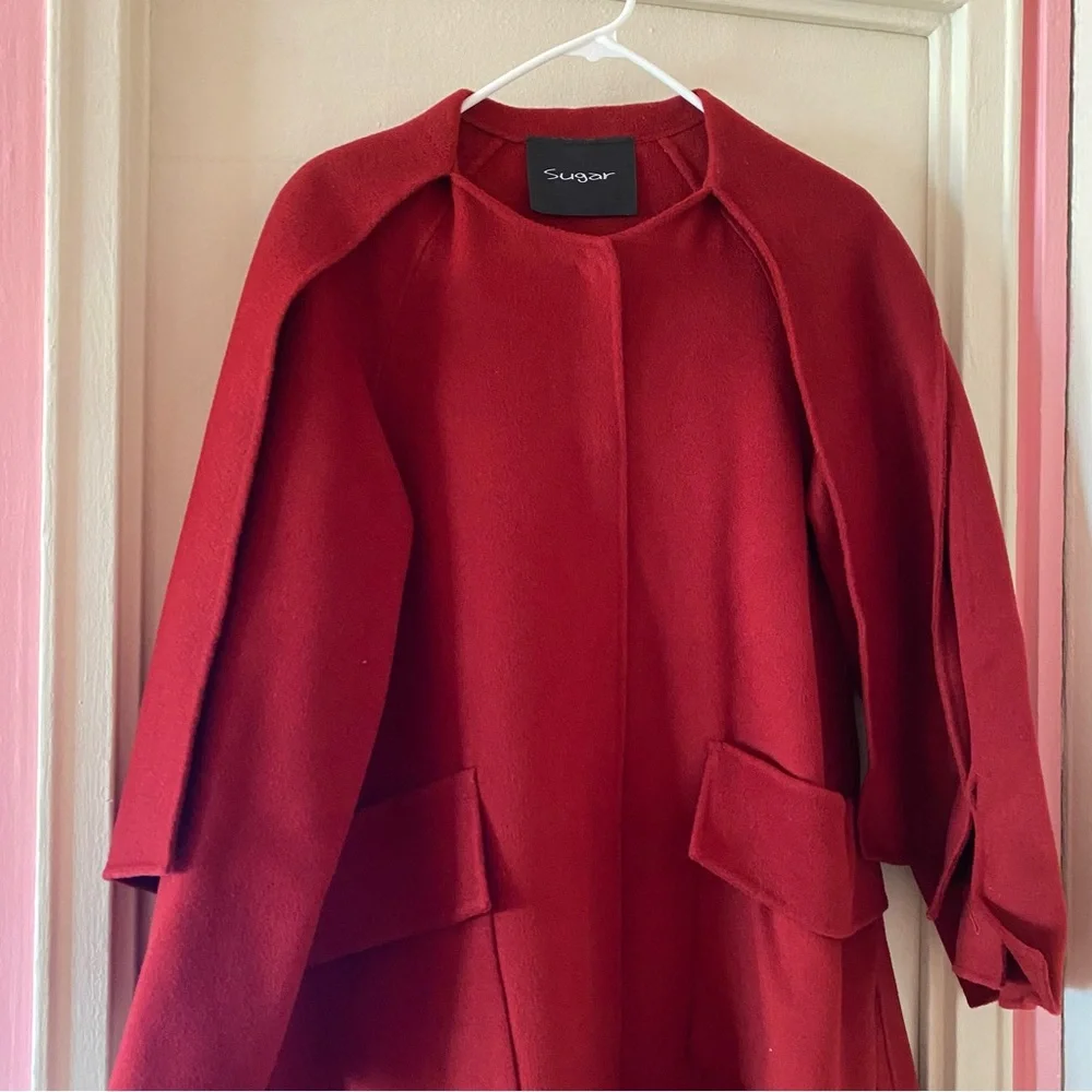 Red Long Length Felt A-Line Coat with Attached Scarf Wrap Panels